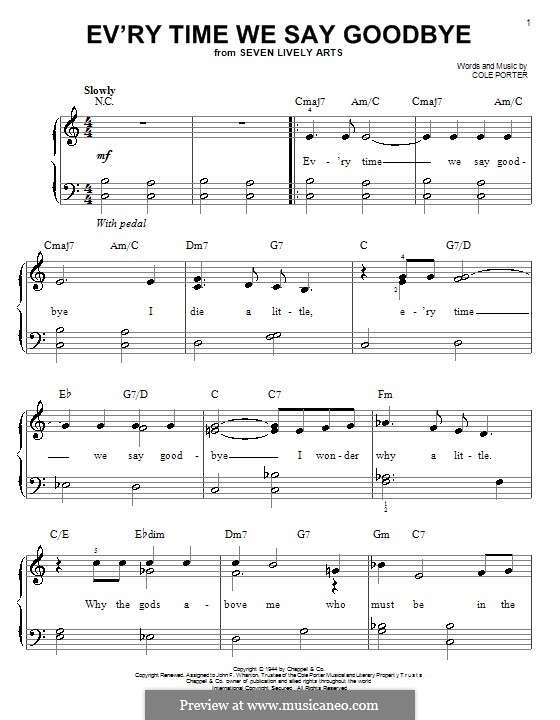 Ev'ry Time We Say Goodbye: Facil para o piano by Cole Porter
