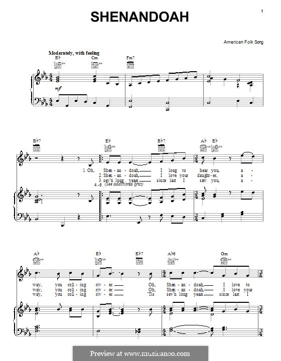 Oh Shenendoah (Shenandoah) Printable Scores: Para vocais e piano (ou Guitarra) by folklore