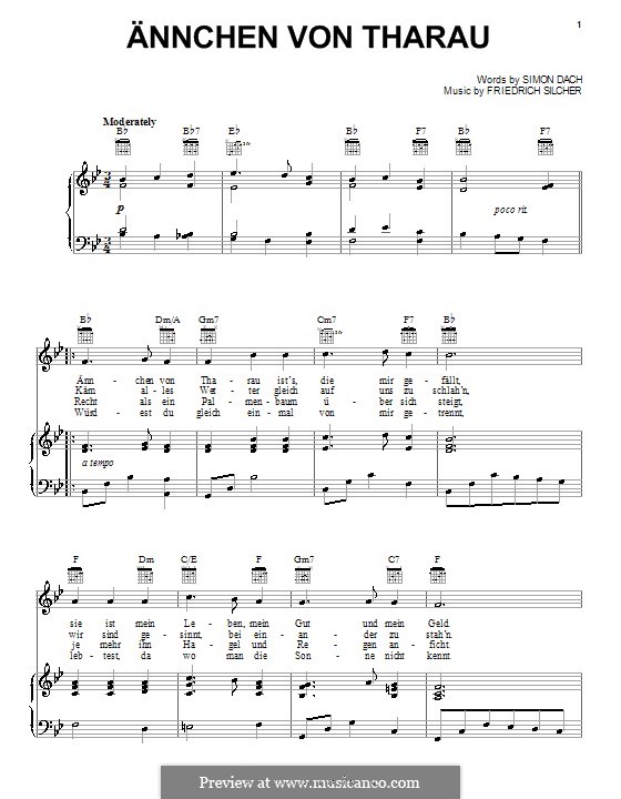 Ännchen von Tharau: Para vocais e piano (ou Guitarra) by Friedrich Silcher