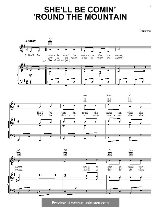 She'll Be Comin' 'Round the Mountain: Para vocais e piano (ou Guitarra) by folklore