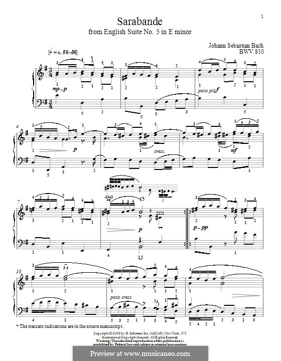 Suite No.5 in E Minor, BWV 810: Sarabande, para piano by Johann Sebastian Bach