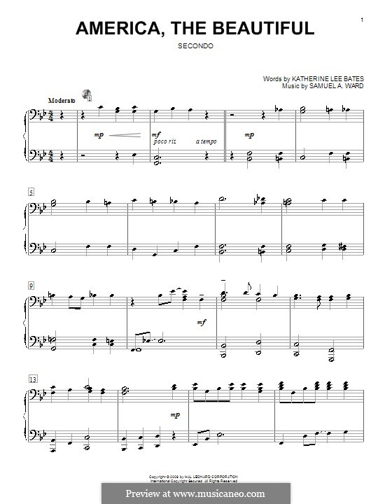 America, The Beautiful: para piano de quadro mãos by Samuel Augustus Ward