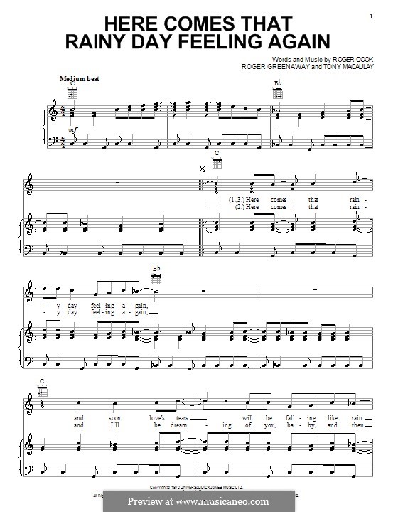 Here Comes That Rainy Day Feeling Again (The Fortunes): Para vocais e piano (ou Guitarra) by Roger Cook, Roger Greenaway, Tony Macaulay