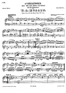 Six Variations on 'Mio caro Adona' by A. Salieri, K.180: Para Piano by Wolfgang Amadeus Mozart