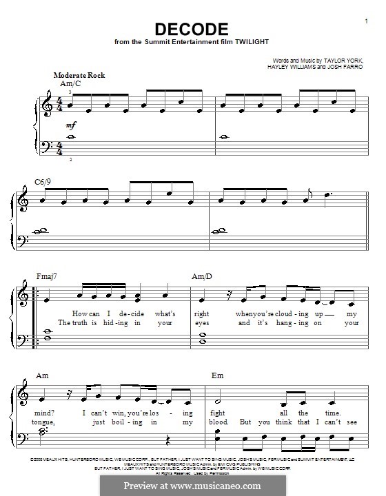 Decode (Paramore): Facil para o piano by Hayley Williams, Joshua Farro, Taylor York