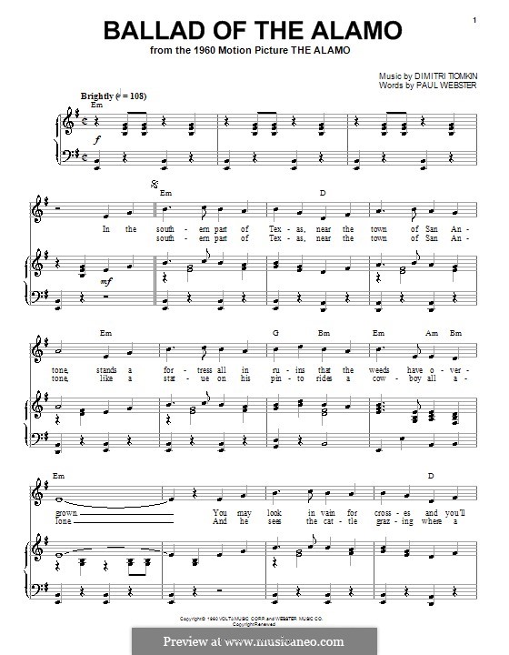 Ballad of the Alamo: Para vocais e piano (ou Guitarra) by Paul Francis Webster