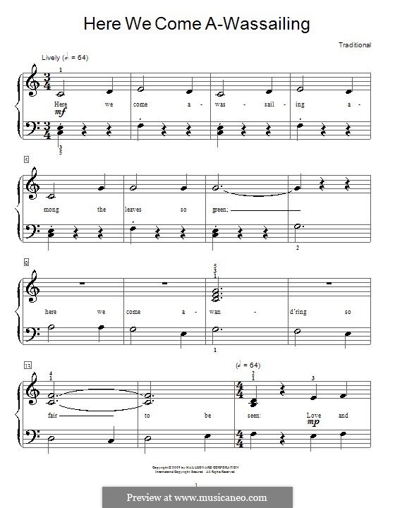 Here we Come a-Wassailing (Printable Scores): Facil para o piano by folklore