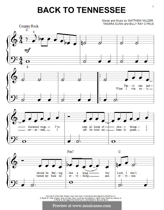 Back to Tennessee: para piano (versão facil) by Matthew Wilder, Tamara Dunn