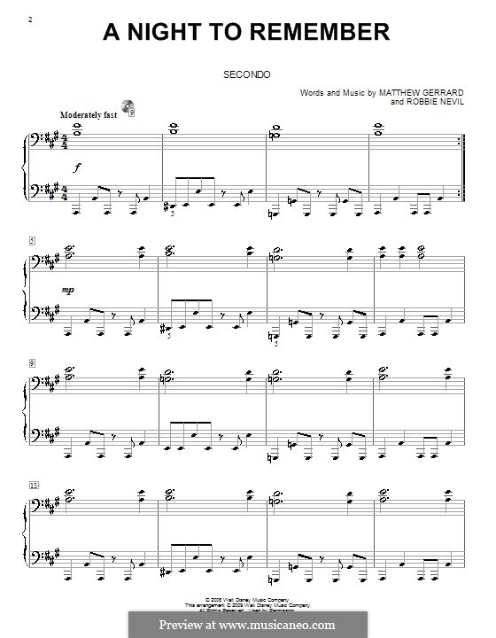 A Night to Remember (from High School Musical 3): para piano de quadro mãos by Matthew Gerrard, Robbie Nevil