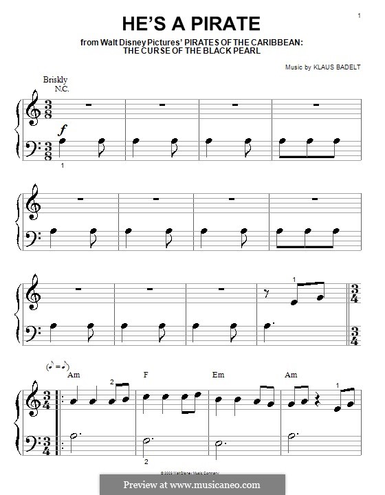 He's a Pirate (from Pirates of the Caribbean: The Curse of the Black Pearl): para piano (versão facil) by Klaus Badelt