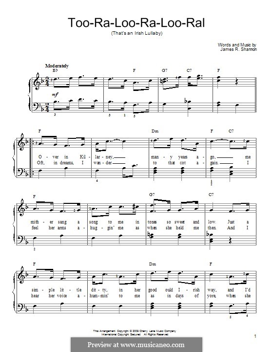 Too-Ra-Loo-Ra-Loo-Ral (That's an Irish Lullaby): Facil para o piano by James Royce Shannon