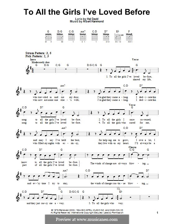 To All the Girls I've Loved Before (Willie Nelson & Julio Iglesias): Para guitarra (versão facil) by Albert Hammond, Hal David