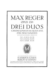 Canons and Fugues in Old Style for Two Violins, Op.131b: No.3 A Major by Max Reger