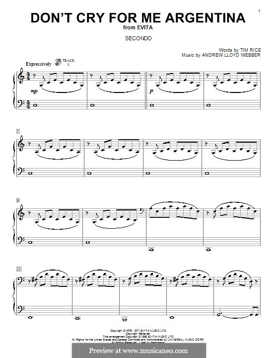Don't Cry for Me Argentina: para piano de quadro mãos by Andrew Lloyd Webber
