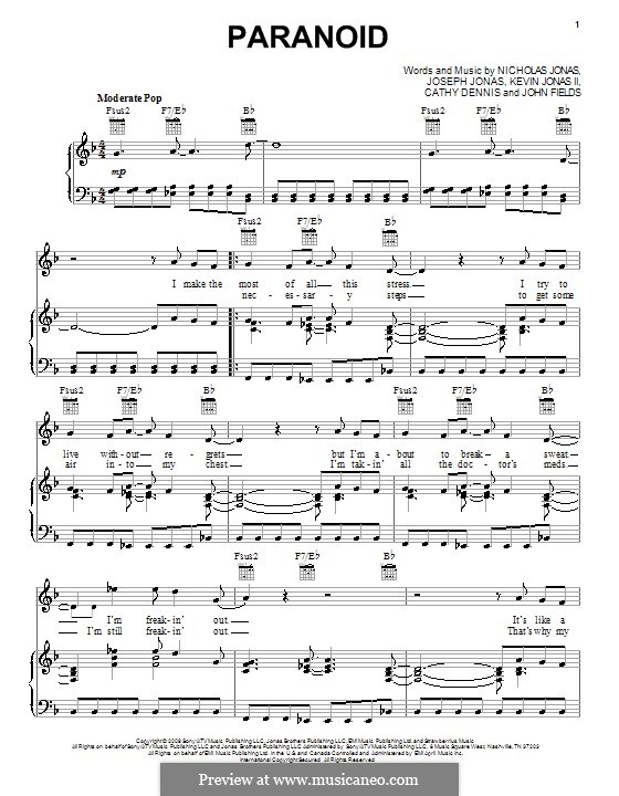 Paranoid (Jonas Brothers): Para vocais e piano (ou Guitarra) by Cathy Dennis, John Fields, Joseph Jonas, Kevin Jonas Sr., Nicholas Jonas
