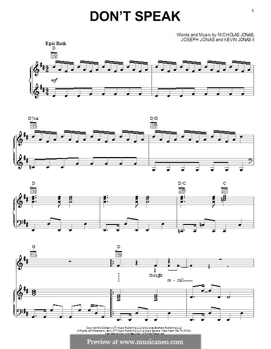 Don't Speak (Jonas Brothers): Para vocais e piano (ou Guitarra) by Joseph Jonas, Kevin Jonas Sr., Nicholas Jonas