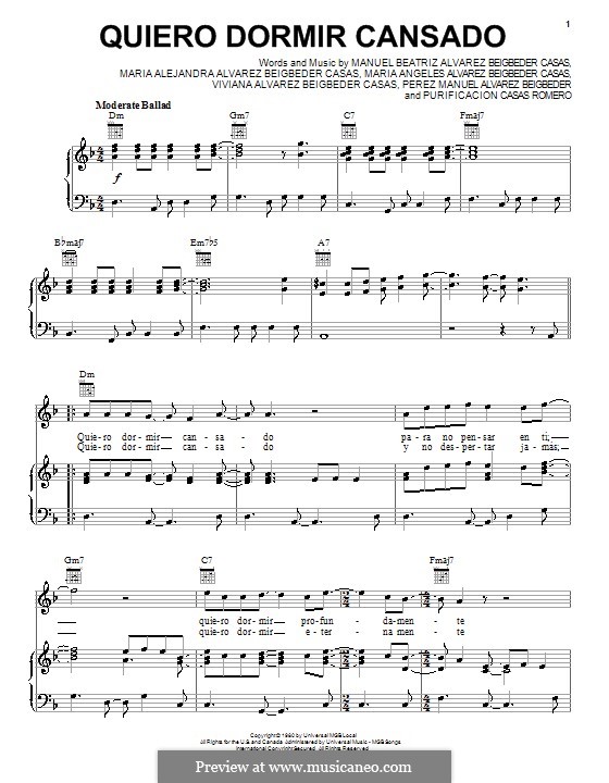 Quiero Dormir Cansado: Para vocais e piano (ou Guitarra) by Manuel Beatriz Alvarez Beigbeder Casas, Maria Alejandra Alvarez Beigbeder Casas, Maria Angeles Alvarez Beigbeder Casas, Purificacion Casas Romero, Viviana Alvarez Beigbeder Casas