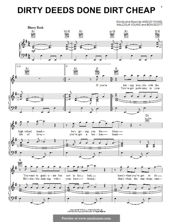 Dirty Deeds Done Dirt Cheap (AC/DC): Para vocais e piano (ou Guitarra) by Angus Young, Bon Scott, Malcolm Young