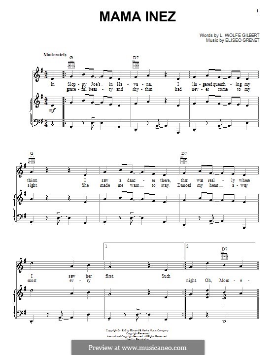 Mama Inez (Eliseo Grenet): Para vocais e piano (ou Guitarra) by L. Wolfe Gilbert