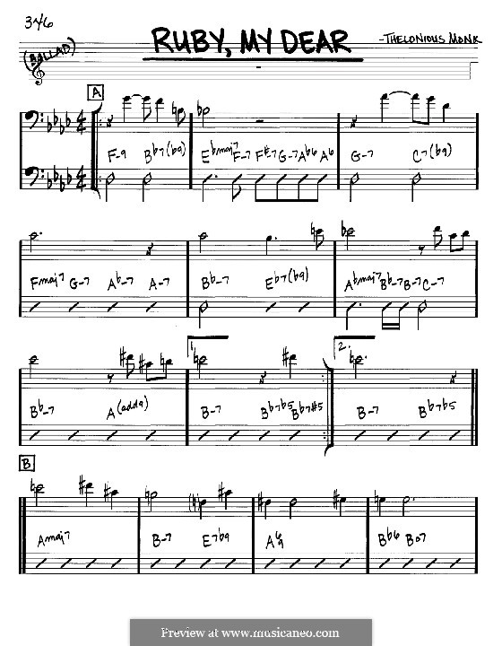 Ruby, My Dear: Melodia e acordes - clave de fá instrumentos by Thelonious Monk