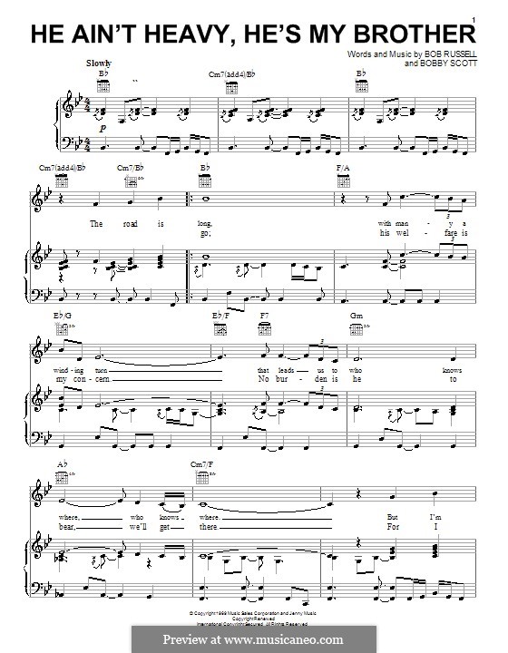 He Ain't Heavy, He's My Brother: Para vocais e piano (ou Guitarra) by Bobby Scott
