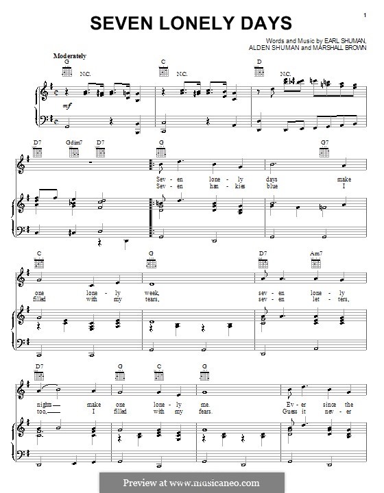 Seven Lonely Days: Para vocais e piano (ou Guitarra) by Alden Shuman, Earl Shuman, Marshall Brown