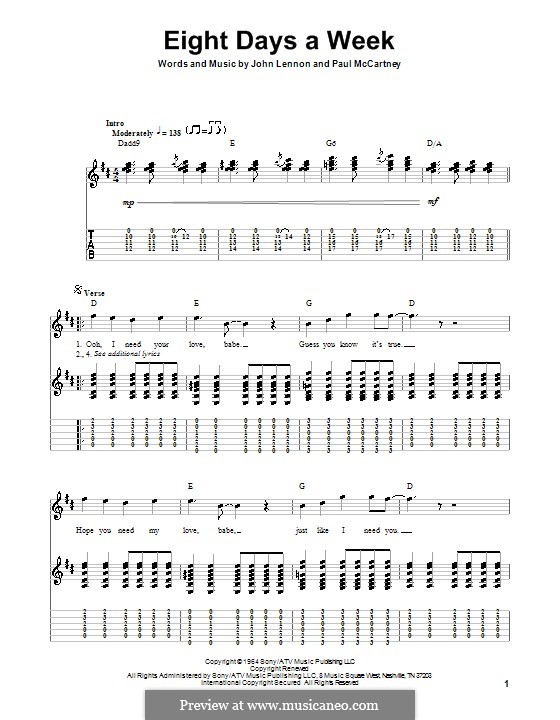 Eight Days a Week (The Beatles): para guitarra (partitura de alta qualidade) by John Lennon, Paul McCartney