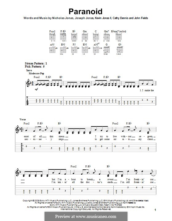 Paranoid (Jonas Brothers): Para guitarra (versão facil) by Cathy Dennis, John Fields, Joseph Jonas, Kevin Jonas Sr., Nicholas Jonas