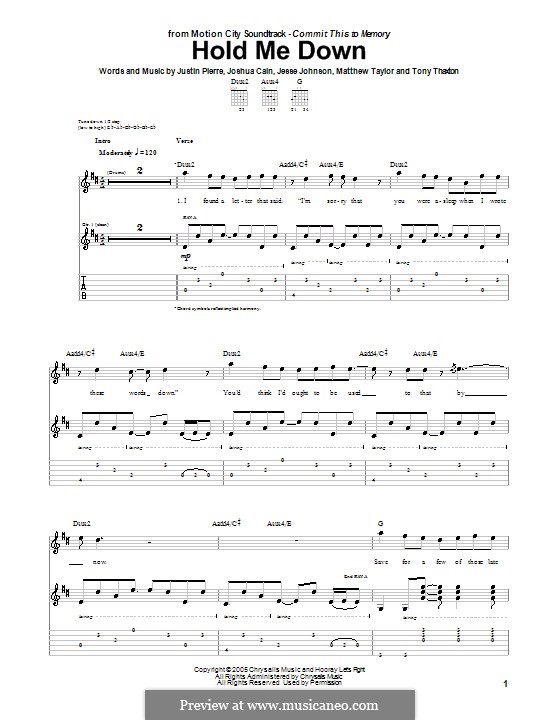 Hold Me Down (Motion City Soundtrack): Para guitarra com guia by Jesse Johnson, Joshua Cain, Justin Pierre, Matthew Taylor, Tony Thaxton