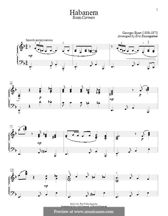 Habanera (Printable Scores): For piano. Version by Eric Baumgartner by Georges Bizet