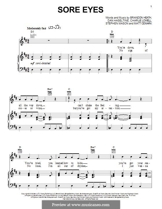 Sore Eyes (Brandon Heath): Para vocais e piano (ou Guitarra) by Charlie Lowell, Dan Haseltine, Matt Odmark, Stephen Mason