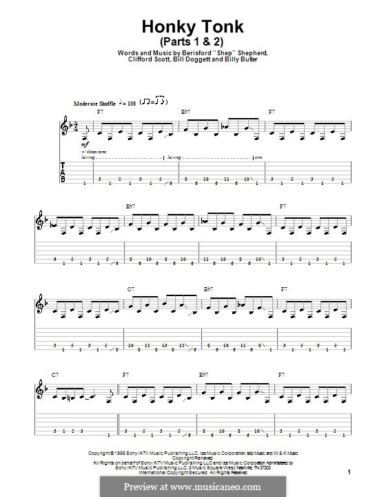 Honky Tonk: Parts I-II, for guitar with tab by Berisford Shepherd, Bill Doggett, Billy Butler, Clifford Scott