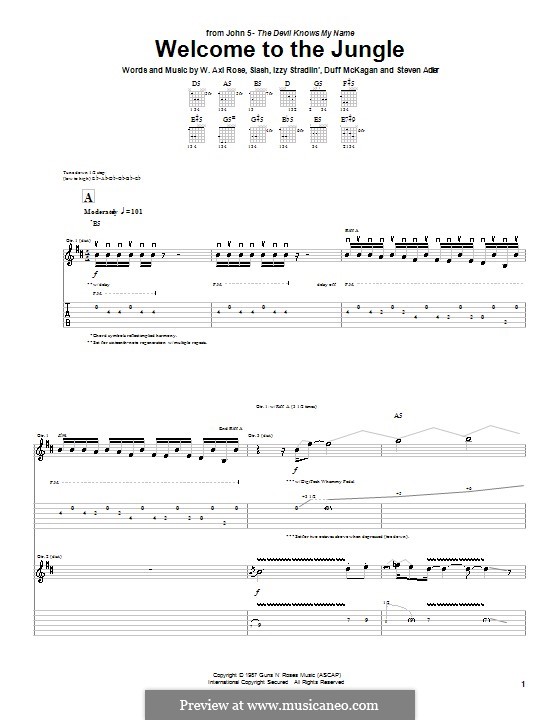 Welcome To The Jungle (Guns N' Roses): For guitar with tab (John 5) by Slash, W. Axl Rose, Duff McKagan, Izzy Stradlin, Steven Adler