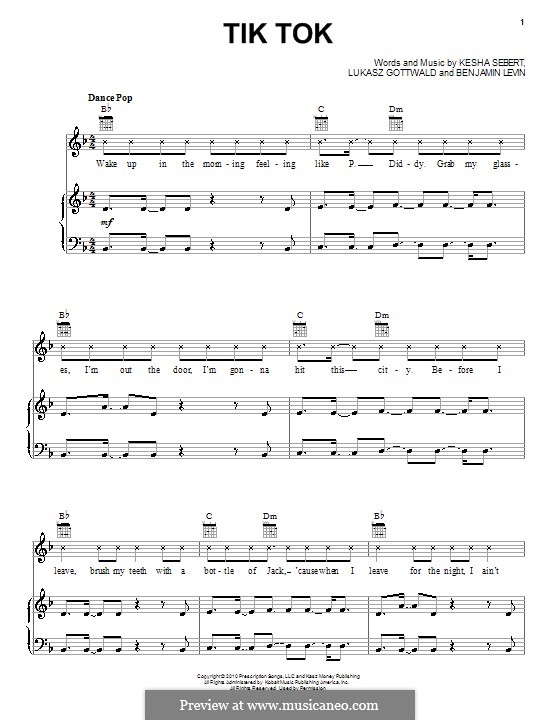 Tik Tok (Ke$ha): Para vocais e piano (ou Guitarra) by Benjamin Levin, Kesha Sebert, Lukas Gottwald