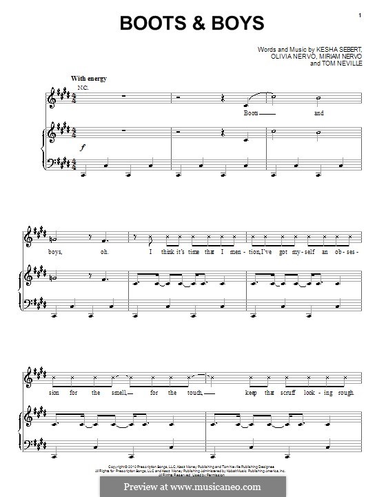 Boots & Boys (Ke$ha): Para vocais e piano (ou Guitarra) by Kesha Sebert, Olivia Nervo, Miriam Nervo, Tom Neville