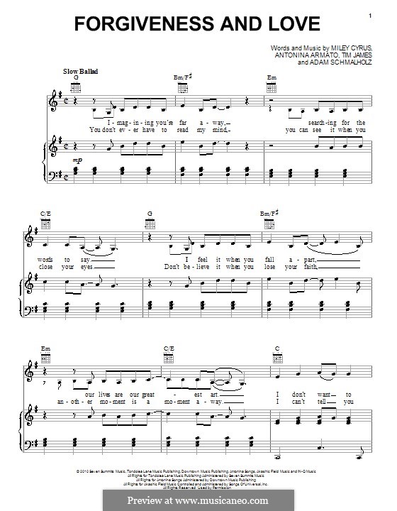 Forgiveness and Love (Miley Cyrus): Para vocais e piano (ou Guitarra) by Adam Schmalholz, Antonina Armato, Timothy James