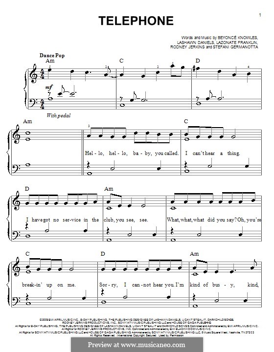 Telephone (Lady Gaga featuring Beyonce): Facil para o piano by Beyoncé, LaShawn Daniels, Lazonate Franklin, Rodney Jerkins, Stefani Germanotta