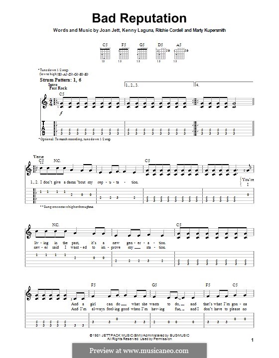 Bad Reputation (Joan Jett): Para guitarra (versão facil) by Kenny Laguna, Marty Kupersmith, Ritchie Cordell
