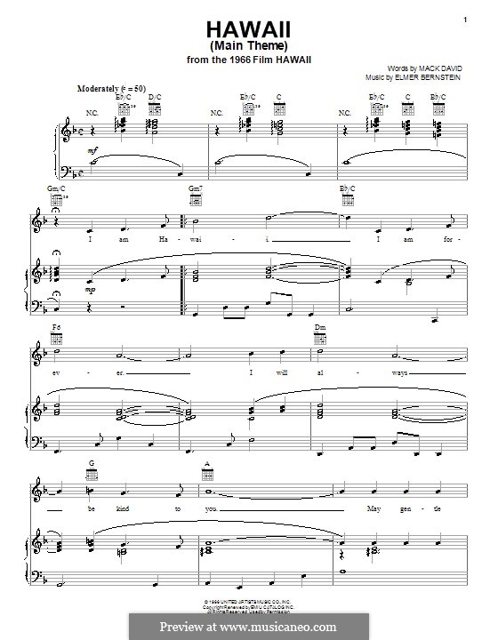 Hawaii (Main Theme): Para vocais e piano (ou Guitarra) by Elmer Bernstein