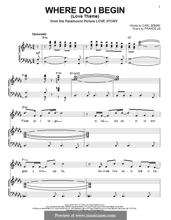 Where Do I Begin (Theme from Love Story): For voice and piano (Andy Williams) by Francis Lai