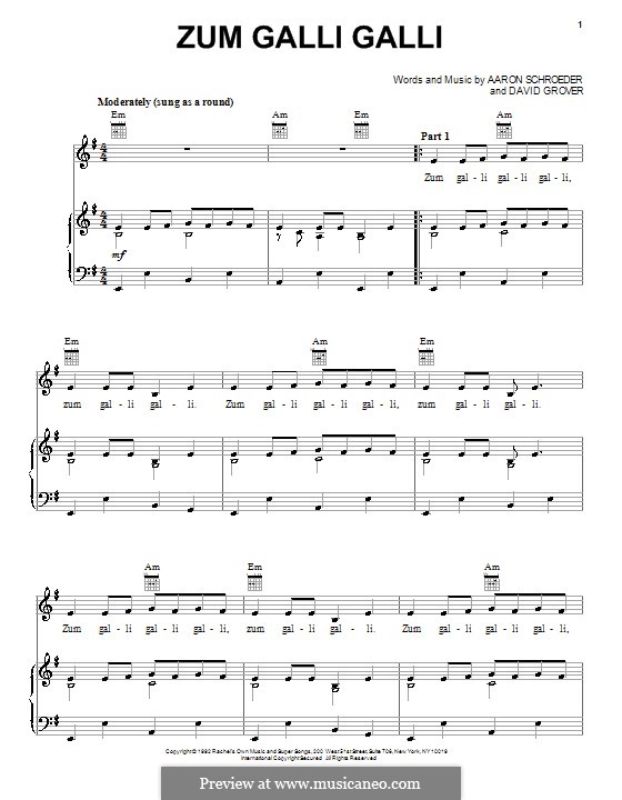 Zum Galli Galli (David Grover & The Big Bear Band): Para vocais e piano (ou Guitarra) by Aaron Schroeder, David Grover