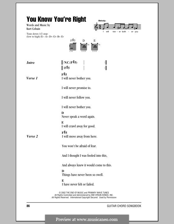 You Know You're Right (Nirvana): Letras e Acordes (com caixa de acordes) by Kurt Cobain