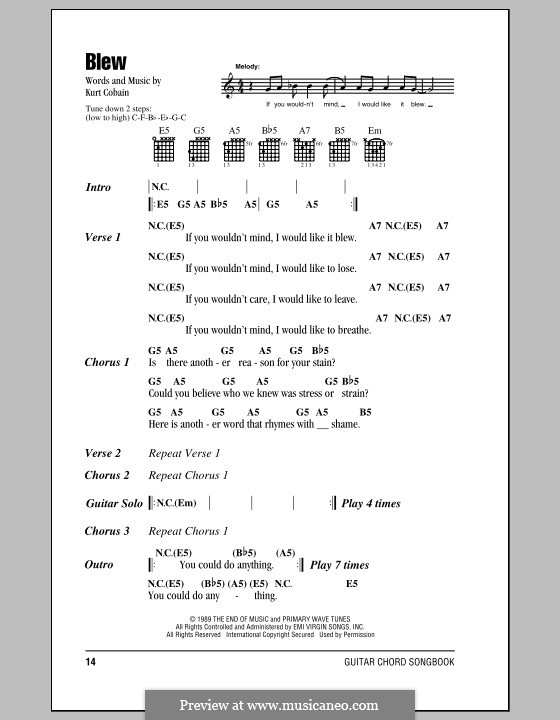 Blew (Nirvana): Letras e Acordes (com caixa de acordes) by Kurt Cobain