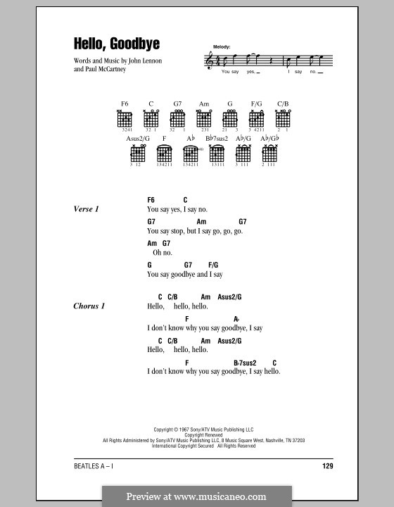 Hello, Goodbye (The Beatles): Letras e Acordes (com caixa de acordes) by John Lennon, Paul McCartney