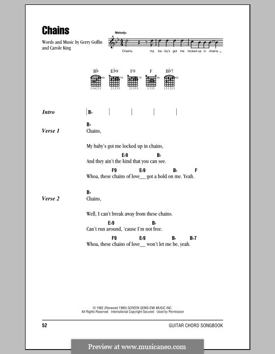 Chains: Lyrics and chords with chord boxes (The Beatles) by Carole King, Gerry Goffin