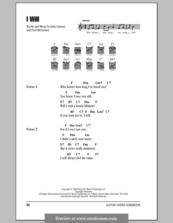 I Will (The Beatles): Letras e Acordes (com caixa de acordes) by John Lennon, Paul McCartney