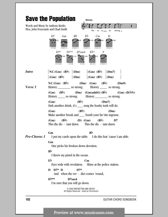 Save the Population (Red Hot Chili Peppers): Letras e Acordes (com caixa de acordes) by Flea, Anthony Kiedis, Chad Smith, John Frusciante