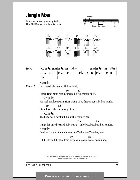 Jungle Man (Red Hot Chili Peppers): Letras e Acordes (com caixa de acordes) by Flea, Anthony Kiedis, Cliff Martinez, Jack Sherman