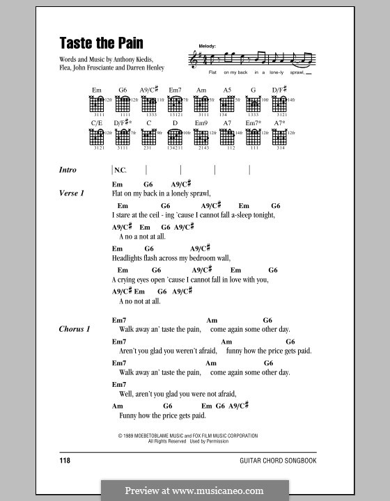Taste the Pain (Red Hot Chili Peppers): Letras e Acordes (com caixa de acordes) by Flea, Anthony Kiedis, Darren Henley, John Frusciante