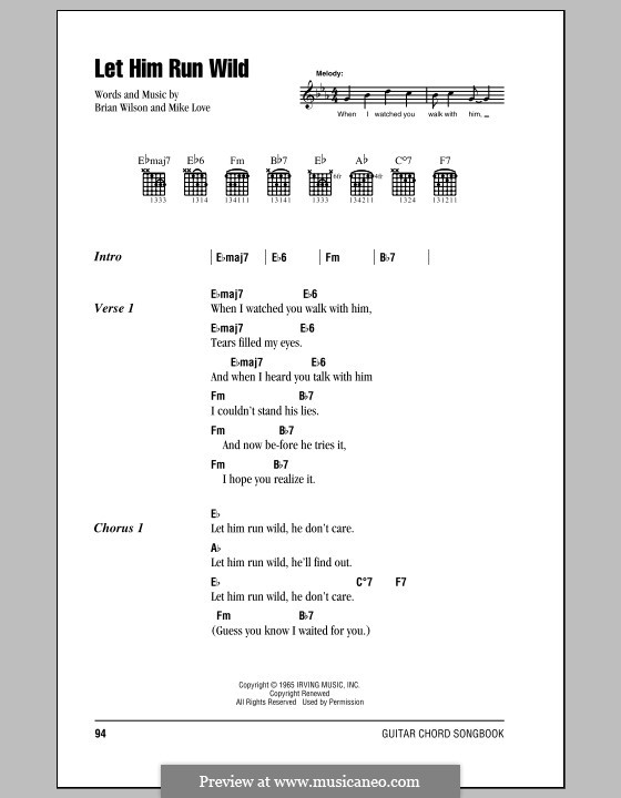 Let Him Run Wild (The Beach Boys): Letras e Acordes (com caixa de acordes) by Brian Wilson, Mike Love